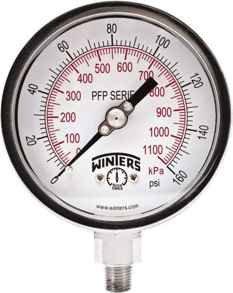 Winters - 4" Dial, 1/4 Thread, 0-160 Scale Range, Pressure Gauge - Bottom Connection Mount, Accurate to 1% Full-Scale of Scale - Apex Tool & Supply