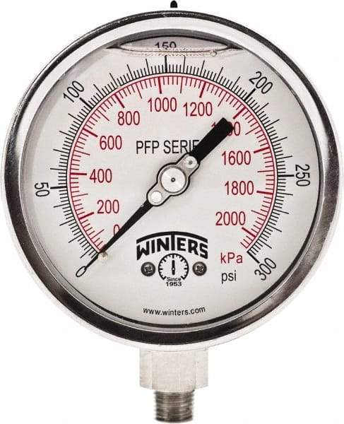 Winters - 4" Dial, 1/4 Thread, 0-300 Scale Range, Pressure Gauge - Bottom Connection Mount, Accurate to 1% Full-Scale of Scale - Apex Tool & Supply