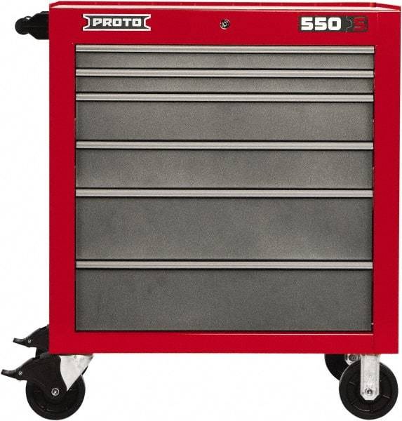 Proto - 6 Drawer Steel Tool Roller Cabinet - 34" Wide x 41" High x 25-1/4" Deep, Ball Bearing Drawer Slides, Safety Red/Gray - Apex Tool & Supply