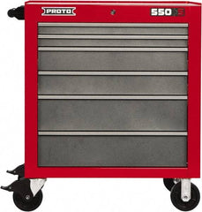 Proto - 6 Drawer Steel Tool Roller Cabinet - 34" Wide x 41" High x 25-1/4" Deep, Ball Bearing Drawer Slides, Safety Red/Gray - Apex Tool & Supply