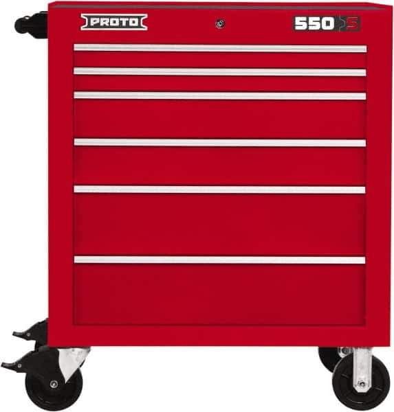Proto - 6 Drawer Steel Tool Roller Cabinet - 34" Wide x 41" High x 25-1/4" Deep, Ball Bearing Drawer Slides, Red - Apex Tool & Supply