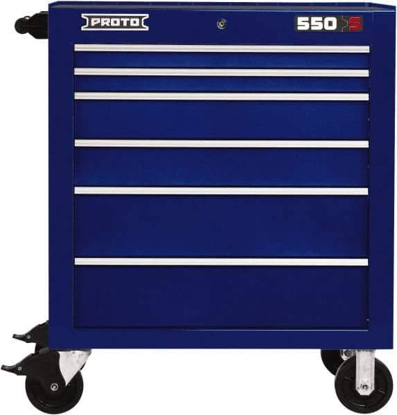 Proto - 6 Drawer Steel Tool Roller Cabinet - 34" Wide x 41" High x 25-1/4" Deep, Ball Bearing Drawer Slides, Blue - Apex Tool & Supply