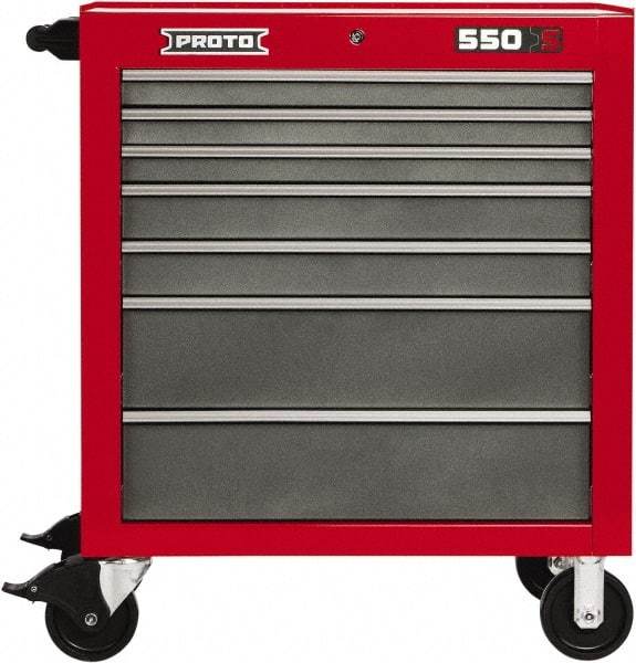 Proto - 7 Drawer Steel Tool Roller Cabinet - 34" Wide x 41" High x 25-1/4" Deep, Ball Bearing Drawer Slides, Safety Red/Gray - Apex Tool & Supply