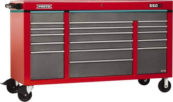 Proto - 30,144 Lb Capacity, 18 Drawer Mobile Power Workstation - 67" Wide x 25-1/4" Deep x 41" High, Steel, Safety Red & Gray - Apex Tool & Supply