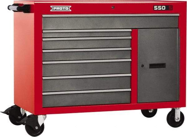 Proto - 18,109 Lb Capacity, 7 Drawer Mobile Workstation - 50" Wide x 25-1/4" Deep x 41" High, Steel, Safety Red & Gray - Apex Tool & Supply