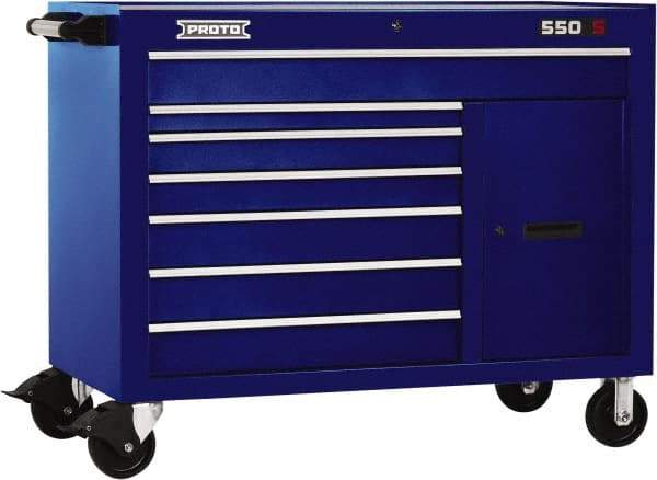 Proto - 18,109 Lb Capacity, 7 Drawer Mobile Workstation - 50" Wide x 25-1/4" Deep x 41" High, Steel, Blue - Apex Tool & Supply