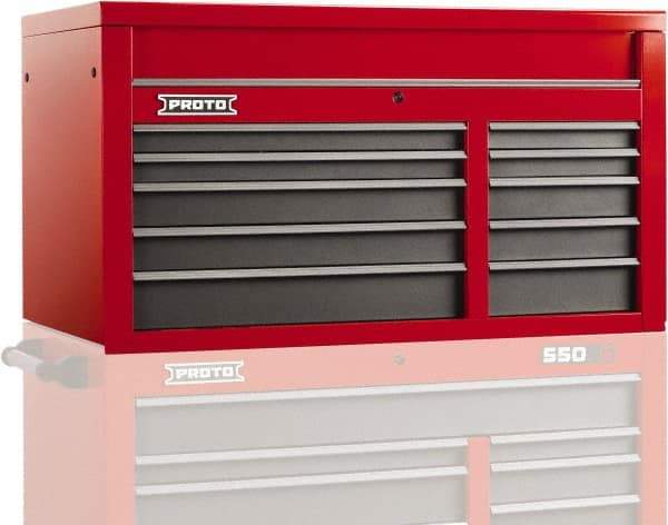 Proto - 10 Drawer Top Tool Chest - 50" Wide x 25-1/4" Deep x 27" High, Steel, Safety Red/Gray - Apex Tool & Supply
