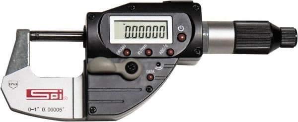 SPI - 0 to 1" Range, 0.00005" Resolution, IP65 Electronic Outside Micrometer - 0.00015" Accuracy, CR2032 Battery - Apex Tool & Supply