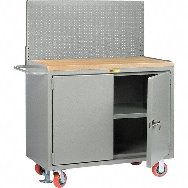 Little Giant - 3,600 Lb Capacity, 3 Shelf, 2 Door Mobile Bench Cabinet with Pegboard Panel - 41" Wide x 24" Deep x 43" High, Steel, Gray - Apex Tool & Supply