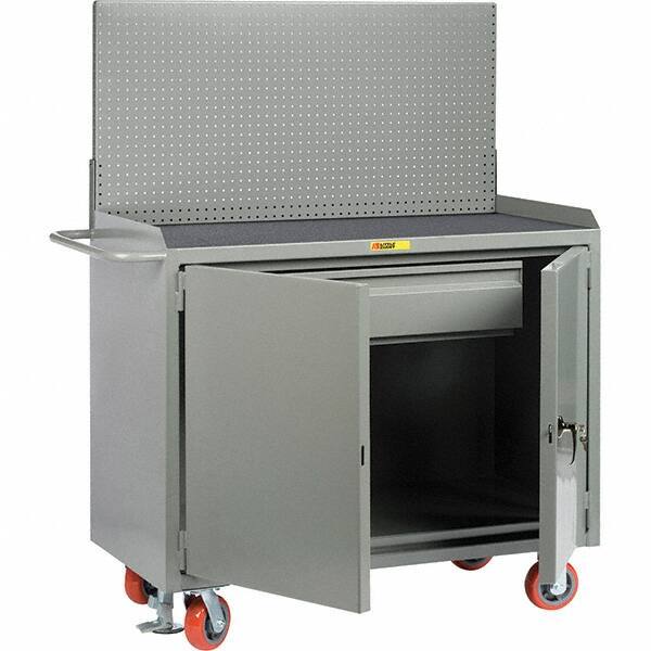Little Giant - 3,600 Lb Capacity, 2 Shelf, 1 Drawer, 2 Door Mobile Bench Cabinet with Pegboard Panel - 53" Wide x 24" Deep x 43" High, Steel, Gray - Apex Tool & Supply