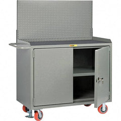 Little Giant - 3,600 Lb Capacity, 3 Shelf, 2 Door Mobile Bench Cabinet with Pegboard Panel - 53" Wide x 24" Deep x 43" High, Steel, Gray - Apex Tool & Supply