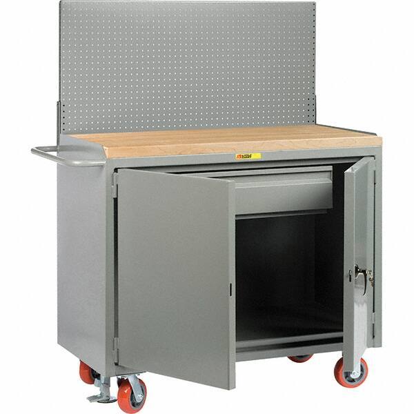 Little Giant - 3,600 Lb Capacity, 2 Shelf, 1 Drawer, 2 Door Mobile Bench Cabinet with Pegboard Panel - 53" Wide x 24" Deep x 43" High, Steel, Gray - Apex Tool & Supply