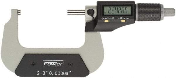 Fowler - 2 to 3" Range, 0.00005" Resolution, Standard Throat IP54 Electronic Outside Micrometer - 0.0002" Accuracy, Ratchet Stop Thimble, Carbide Face, CR2032 Battery - Apex Tool & Supply