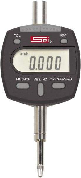 SPI - 0 to 1/2" Range, 0.00005" Graduation, Electronic Drop Indicator - Flat & Lug Back, Accurate to 0.00016", Inch & Metric System, Digital Display - Apex Tool & Supply
