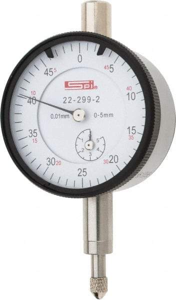SPI - 5mm Range, 0-50 Dial Reading, 0.01mm Graduation Dial Drop Indicator - 42mm Dial, 0.5mm Range per Revolution, 0.016mm Accuracy, Includes NIST Traceability Certification - Apex Tool & Supply