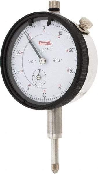 SPI - 1/2" Range, 0-100 Dial Reading, 0.001" Graduation Dial Drop Indicator - 2.2" Dial, 0.1" Range per Revolution, 0.002" Accuracy, Revolution Counter, Includes NIST Traceability Certification - Apex Tool & Supply