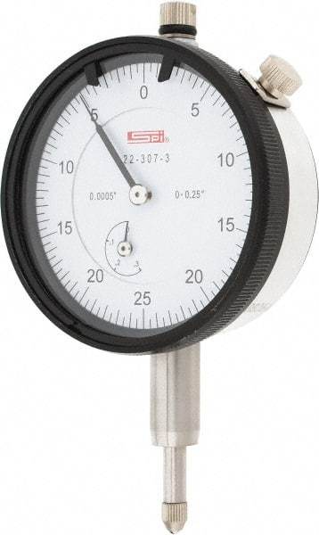 SPI - 1/4" Range, 0-25-0 Dial Reading, 0.0005" Graduation Dial Drop Indicator - 2.2" Dial, 0.05" Range per Revolution, 0.0015" Accuracy, Revolution Counter, Includes NIST Traceability Certification - Apex Tool & Supply