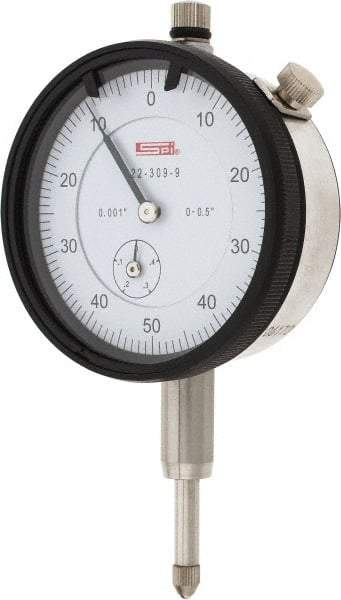 SPI - 1/2" Range, 0-50-0 Dial Reading, 0.001" Graduation Dial Drop Indicator - 2.2" Dial, 0.1" Range per Revolution, 0.002" Accuracy, Revolution Counter, Includes NIST Traceability Certification - Apex Tool & Supply