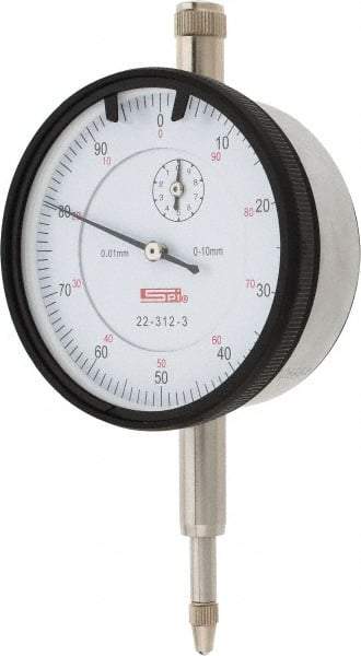 SPI - 10mm Range, 0-100 Dial Reading, 0.01mm Graduation Dial Drop Indicator - 58mm Dial, 1mm Range per Revolution, 0.02mm Accuracy, Revolution Counter, Includes NIST Traceability Certification - Apex Tool & Supply