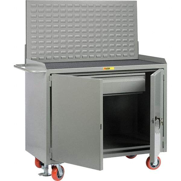 Little Giant - 3,600 Lb Capacity, 2 Shelf, 1 Drawer, 2 Door Mobile Bench Cabinet with Louvered Panel - 53" Wide x 24" Deep x 43" High, Steel, Gray - Apex Tool & Supply