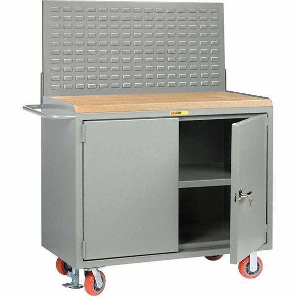 Little Giant - 3,600 Lb Capacity, 3 Shelf, 2 Door Mobile Bench Cabinet with Louvered Panel - 53" Wide x 24" Deep x 43" High, Steel, Gray - Apex Tool & Supply