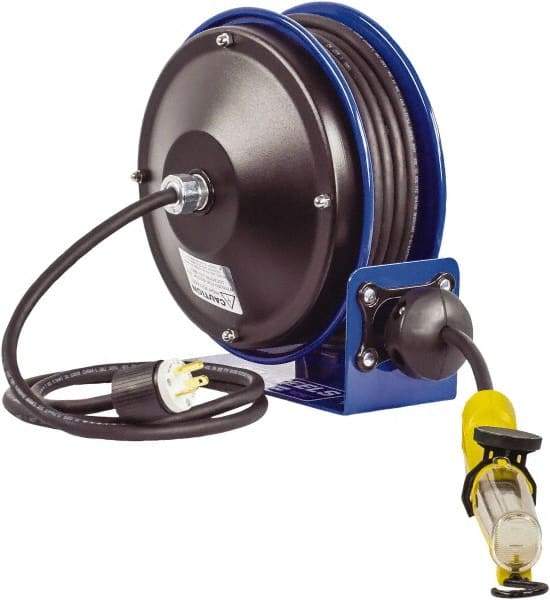 CoxReels - 16 AWG, 30' Cable Length, Cord & Cable Reel with Fluorescent Angle Light with Tool Tap Plug End - 1 Outlet, NEMA 5-15R, 13 Amps, 115 Volts, SJTO Cable, Blue Reel, Spring Driven Reel - Apex Tool & Supply