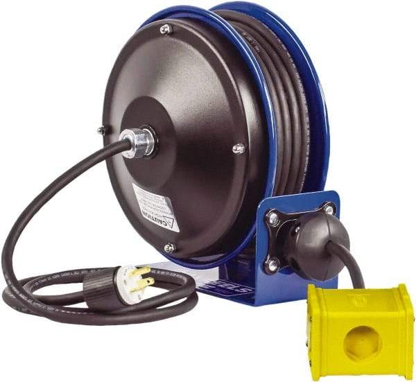 CoxReels - 12 AWG, 30' Cable Length, Cord & Cable Reel with Quad Outlet End - 4 Outlets, NEMA 5-20R, 20 Amps, 115 Volts, SJO Cable, Blue Reel, Spring Driven Reel - Apex Tool & Supply
