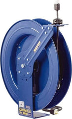 CoxReels - 12 AWG, 100' Cable Length, Cord & Cable Reel with Duplex GFCI Outlet Box End - 2 Outlets, NEMA 5-20R, 20 Amps, 115 Volts, SJO Cable, Blue Reel, Spring Driven Reel - Apex Tool & Supply