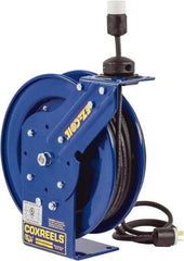 CoxReels - 16 AWG, 50' Cable Length, Cord & Cable Reel with Incandescent Hand Lamp with Tool Tap Plug End - 1 Outlet, 13 Amps, 115 Volts, SJTO Cable, Blue Reel, Spring Driven Reel - Apex Tool & Supply