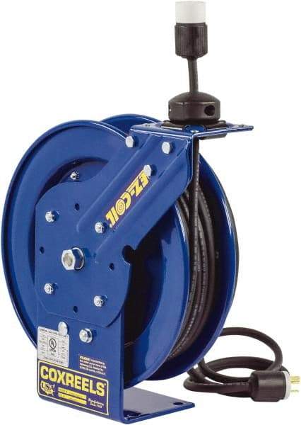 CoxReels - 12 AWG, 50' Cable Length, Cord & Cable Reel with Bare End - 0 Outlets, 20 Amps, 115 Volts, SJO Cable, Blue Reel, Spring Driven Reel - Apex Tool & Supply