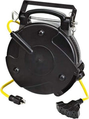 Value Collection - 12 AWG, 65' Cable Length, Cord & Cable Reel with Quad Tap Nema 5-15 End - 4 Outlets, NEMA 5-15R, 15 Amps, 120 Volts, SJTOW Cable, Black Reel, Spring Driven Reel - Apex Tool & Supply