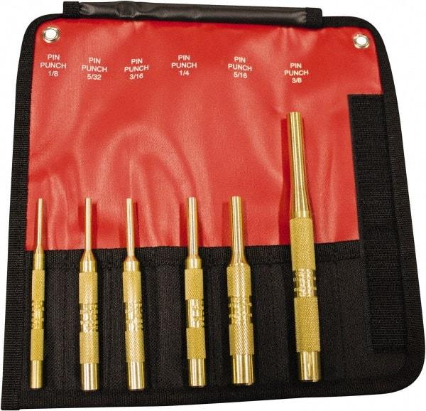 Mayhew - 6 Piece, 1/8 to 3/8", Pin Punch Set - Round Shank, Brass, Comes in Pouch - Apex Tool & Supply