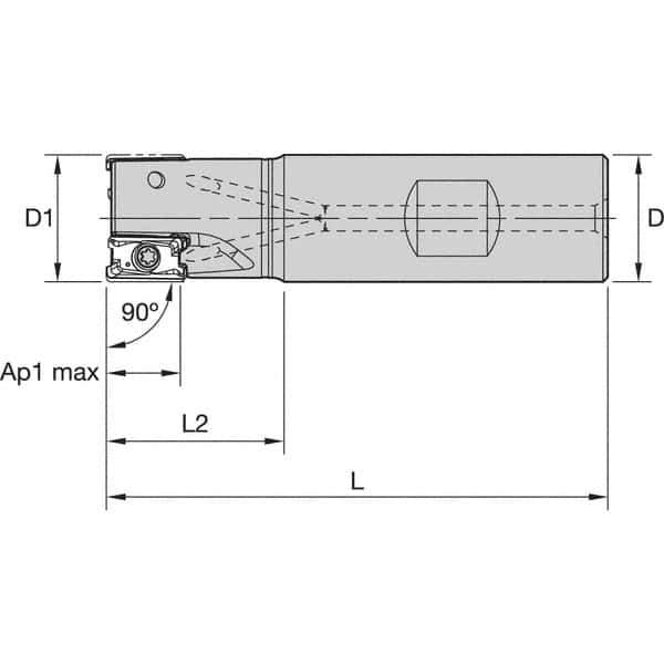 Kennametal - 1-1/2" Cut Diam, 11mm Max Depth of Cut, 1-1/4" Shank Diam, 4.53" OAL, Indexable Square Shoulder End Mill - LNGU110408SRGE Inserts, Weldon Shank, 0° Lead Angle, Through Coolant, Series Mill 4-11 - Apex Tool & Supply