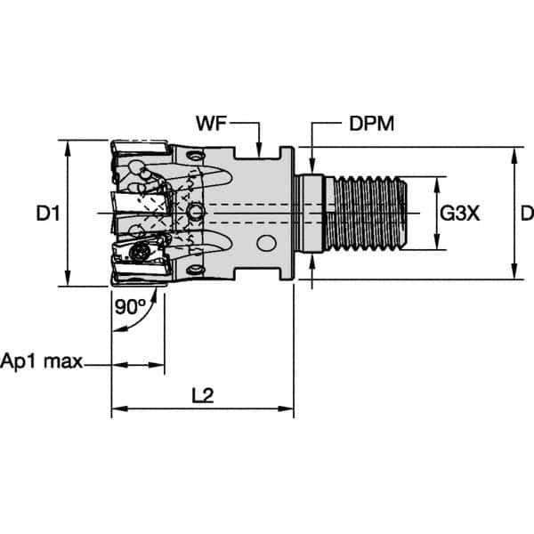 Kennametal - 32mm Cut Diam, 11mm Max Depth of Cut, 64.5mm OAL, Indexable Square Shoulder End Mill - LNGU110408SRGE Inserts, M16 Modular Connection, 0° Lead Angle, Through Coolant, Series Mill 4-11 - Apex Tool & Supply