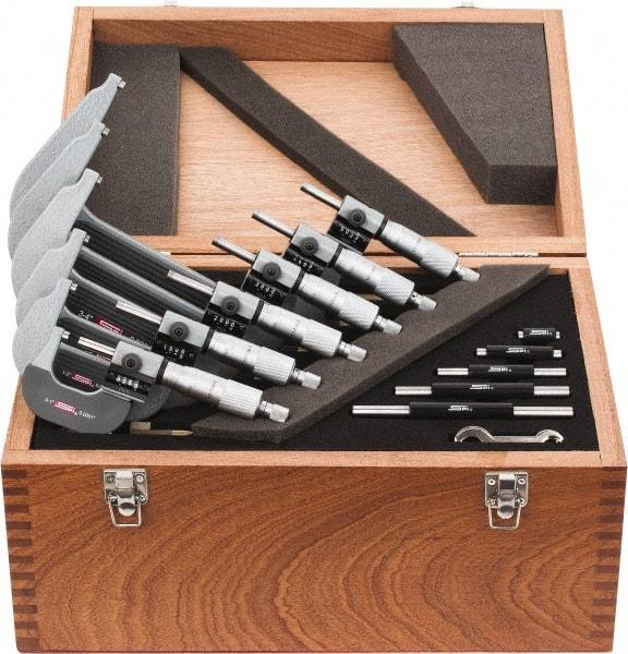 SPI - 0 to 6" Range, 6 Piece Mechanical Outside Micrometer Set - 0.0001" Graduation, 0.0001, 0.0002" Accuracy, Ratchet Stop Thimble, Carbide Face - Apex Tool & Supply