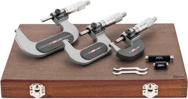 SPI - 0 to 3" Range, 3 Piece Mechanical Outside Micrometer Set - 0.0001" Graduation, 0.0001, 0.0002" Accuracy, Ratchet Stop Thimble, Carbide Face - Apex Tool & Supply