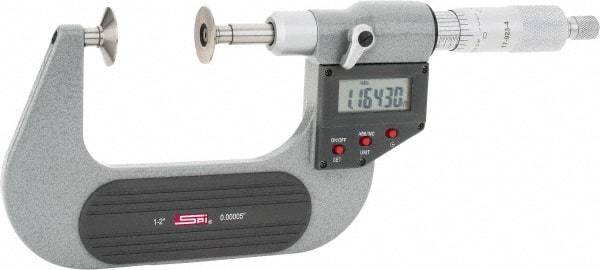 SPI - 1 to 2", IP54, Ratchet Stop Thimble, Electronic Disc Micrometer - 0.0002" Accuracy, 0.79" Disc, 0.00005" Resolution, 0.31" Spindle Diam, Steel Face, NIST Traceability Certification Included - Apex Tool & Supply