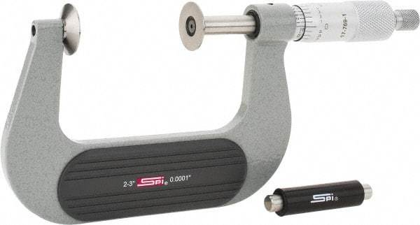 SPI - 2 to 3", Ratchet Stop Thimble, Mechanical Disc Micrometer - 0.0002" Accuracy, 0.79" Disc, 0.0001" Resolution, 0.31" Spindle Diam, Steel Face, NIST Traceability Certification Included - Apex Tool & Supply