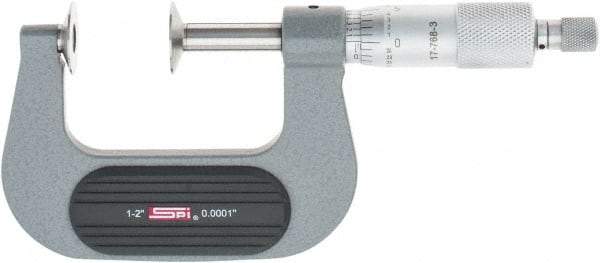 SPI - 1 to 2", Ratchet Stop Thimble, Mechanical Disc Micrometer - 0.0002" Accuracy, 0.79" Disc, 0.0001" Resolution, 0.31" Spindle Diam, Steel Face, NIST Traceability Certification Included - Apex Tool & Supply