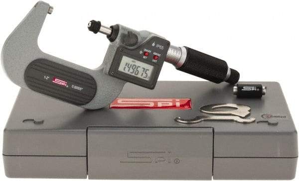 SPI - 1 to 2" Range, 0.00005" Resolution, Standard Throat IP65 Electronic Outside Micrometer - 0.0002" Accuracy, Ratchet Stop Thimble, Carbide Face, LR44 Battery, Includes NIST Traceable Certification of Inspection - Apex Tool & Supply
