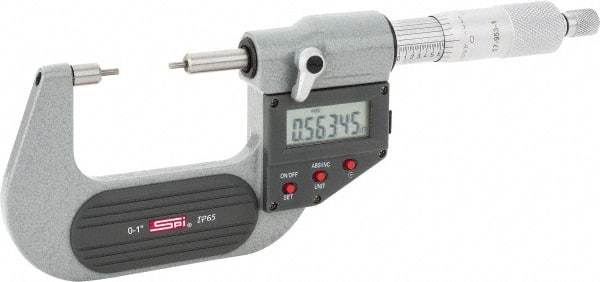 SPI - 0 to 1 Inch, 1.26 Inch Throat Depth, Electronic Spline Micrometer - 0.0001 Inch Accuracy, 0.00005 Inch Graduation, 0.25 Inch Spindle Diameter, 2mm Head Diameter, Ratchet Stop Thimble, Data Output - Apex Tool & Supply