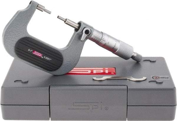 SPI - 0 to 1 Inch, 1.26 Inch Throat Depth, Mechanical Spline Micrometer - 0.0001 Inch Accuracy, 0.0001 Inch Graduation, 0.25 Inch Spindle Diameter, 3mm Head Diameter, Ratchet Stop Thimble - Apex Tool & Supply