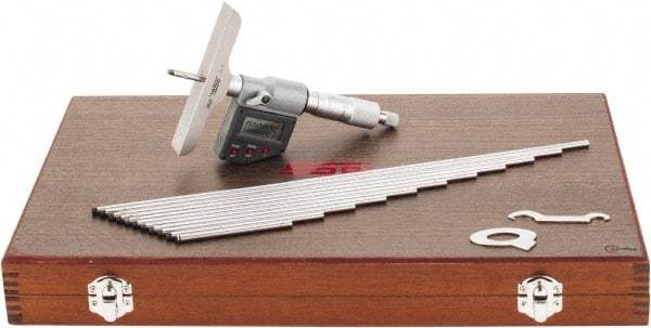 SPI - 0 to 300mm Range, 4" Base Length, 12 Rods, Ratchet Stop Thimble, Electronic Depth Micrometer - IP65, 0.00005" Resolution, Accurate to 0.007mm, 0.176" Rod Diam, LR44 Battery, Data Output - Apex Tool & Supply