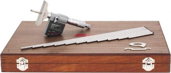 SPI - 0 to 300mm Range, 2-1/2" Base Length, 12 Rods, Ratchet Stop Thimble, Electronic Depth Micrometer - IP65, 0.00005" Resolution, Accurate to 0.007mm, 0.176" Rod Diam, LR44 Battery, Data Output - Apex Tool & Supply
