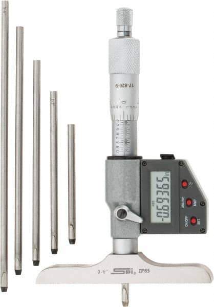 SPI - 0 to 150mm Range, 4" Base Length, 6 Rods, Ratchet Stop Thimble, Electronic Depth Micrometer - IP65, 0.00005" Resolution, Accurate to 0.005mm, 0.176" Rod Diam, LR44 Battery, Data Output - Apex Tool & Supply