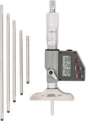 SPI - 0 to 150mm Range, 2-1/2" Base Length, 6 Rods, Ratchet Stop Thimble, Electronic Depth Micrometer - IP65, 0.00005" Resolution, Accurate to 0.005mm, 0.176" Rod Diam, LR44 Battery, Data Output - Apex Tool & Supply