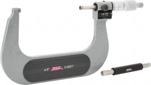 SPI - 4 to 5" Range, 0.0001" Graduation, Mechanical Outside Micrometer - Ratchet Stop Thimble, 2.76" Throat Depth, Accurate to 0.0002", Digital Counter - Apex Tool & Supply