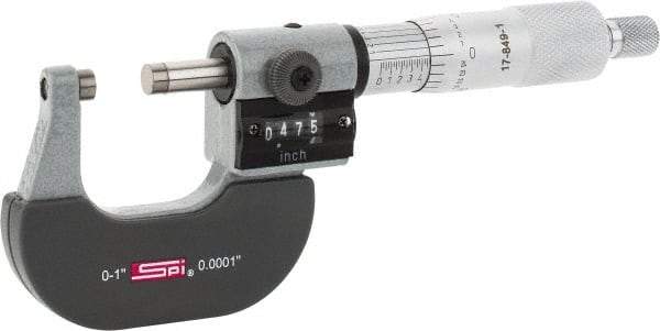 SPI - 0 to 1" Range, 0.0001" Graduation, Mechanical Outside Micrometer - Ratchet Stop Thimble, 0.95" Throat Depth, Accurate to 0.0001", Digital Counter - Apex Tool & Supply