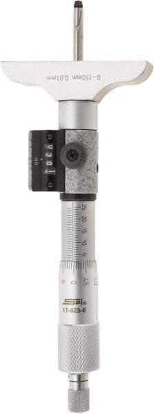 SPI - 0 to 150mm Range, 6 Rod, Mechanical Depth Micrometer - Ratchet Stop Thimble, 63mm Base Length, 0.01mm Graduation, 4.5mm Rod Diam - Apex Tool & Supply