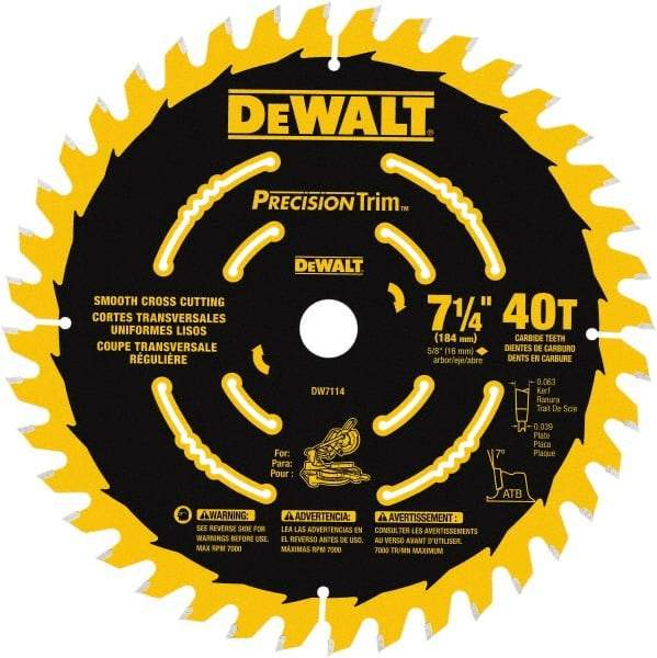 DeWALT - 7-1/4" Diam, 5/8" Arbor Hole Diam, 40 Tooth Wet & Dry Cut Saw Blade - Tungsten Carbide-Tipped, Smooth Action, Standard Round Arbor - Apex Tool & Supply